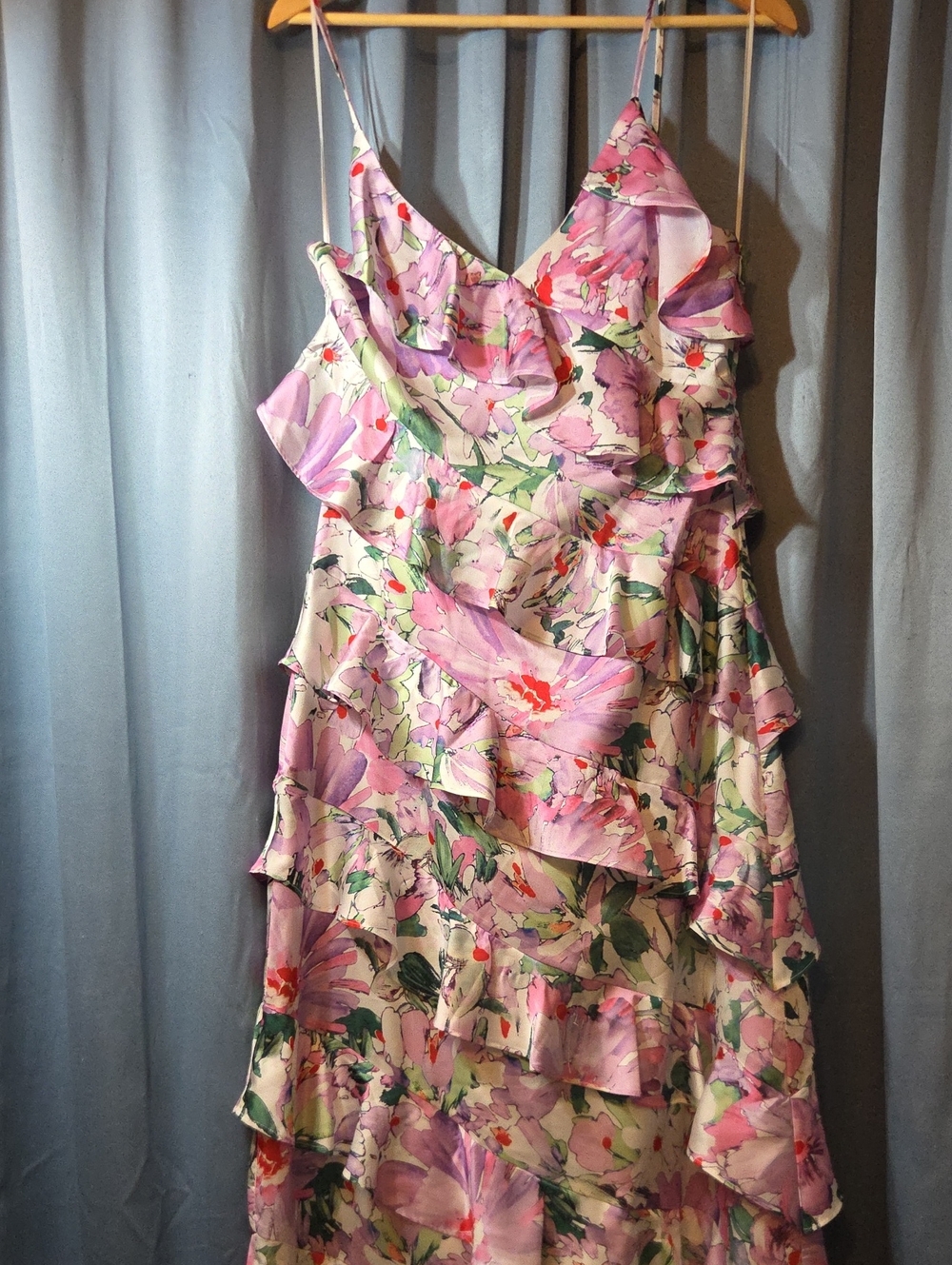 Badgley Mischka Pink Floral Ruffle Maxi Dress